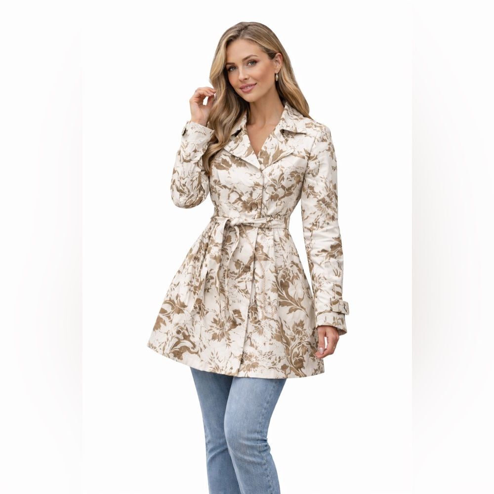 CABI Ivory& Brown Women Trench Double Breasted Coat Jacket Floral Sz M